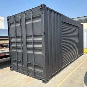 Home 20ft used shipping container – matte black w/ 12’ side roll up door